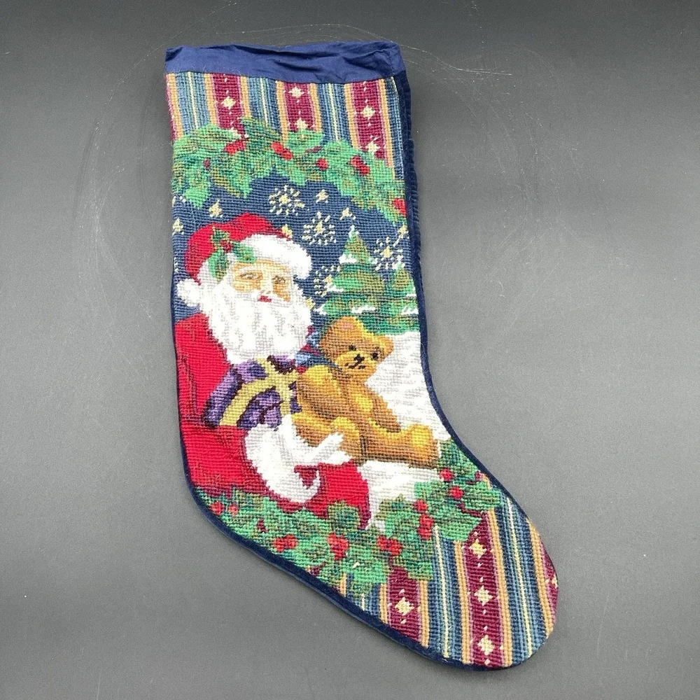Vintage Needlepoint Christmas Stocking‎ Santa Teddy Bear Velvet Back 17.5